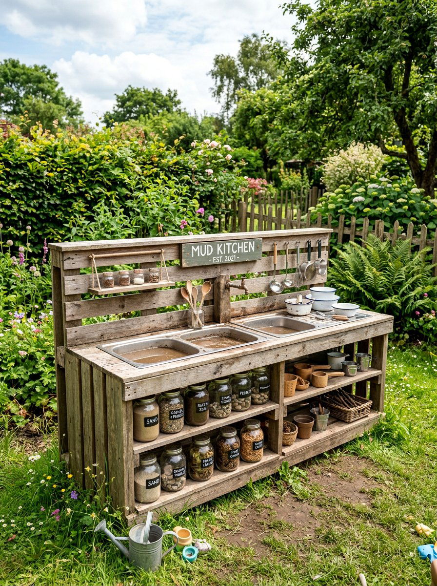 Mud Kitchen With Shelf Storage - 25 Pallet Mud Kitchen for Kids Ideas