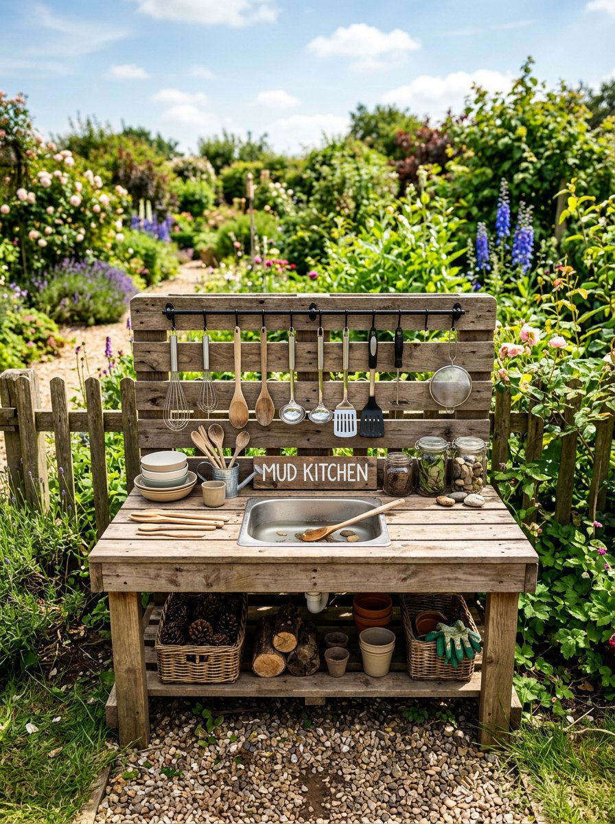 Mud Kitchen With Utensil Hooks - 25 Pallet Mud Kitchen for Kids Ideas