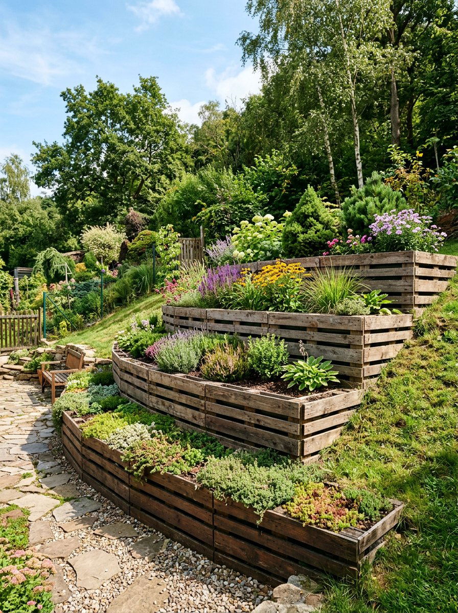 Multi Level Pallet Retainer - 25 Pallet Retaining Wall Ideas