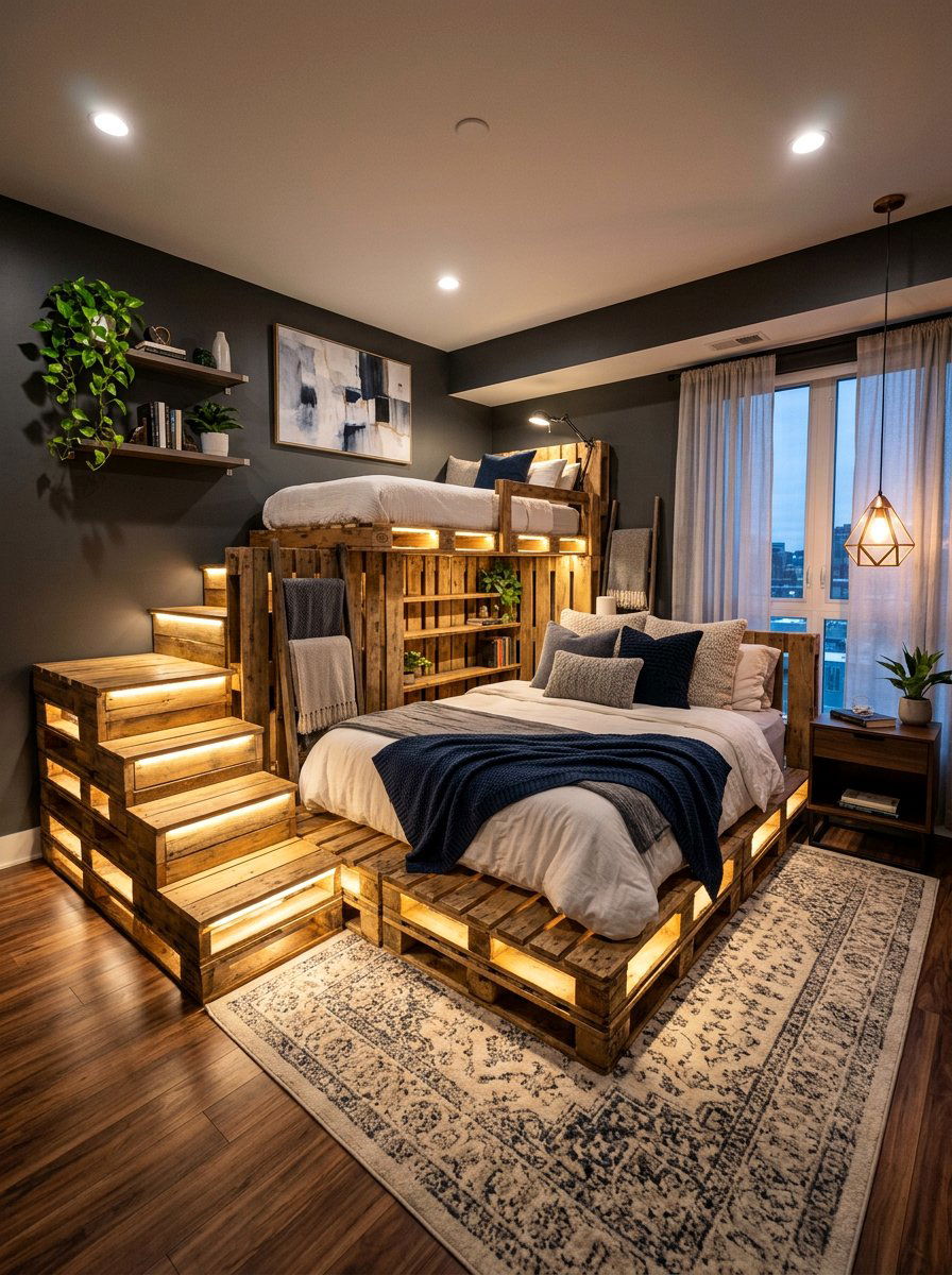 Multi Tier Pallet Bed Lights - 25 Illuminated pallet bed ideas