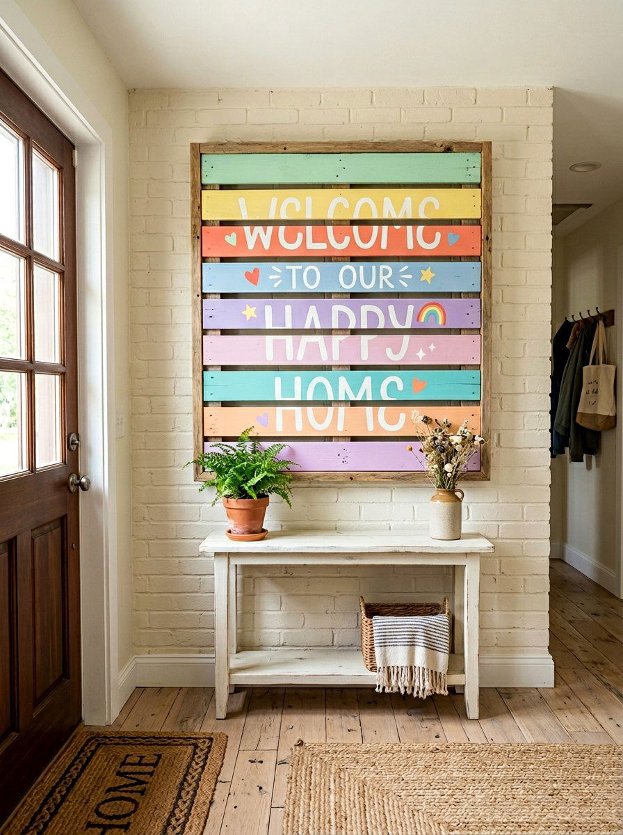 Multi colored pallet wood sign - 25 Pallet Welcome Sign for Porch Ideas