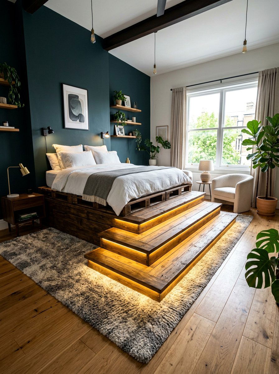 Multi level pallet base - 25 Pallet bed ideas with LED lights
