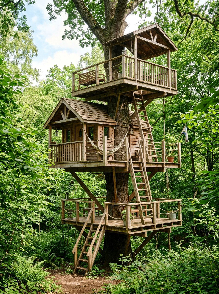 Multi level pallet tree house - 25 Pallet Tree House Platform Ideas