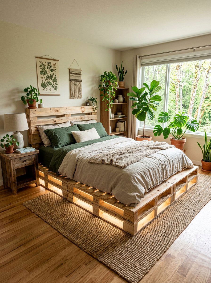 Natural Wood Pallet Bed - 25 Pallet bed ideas with lights underneath