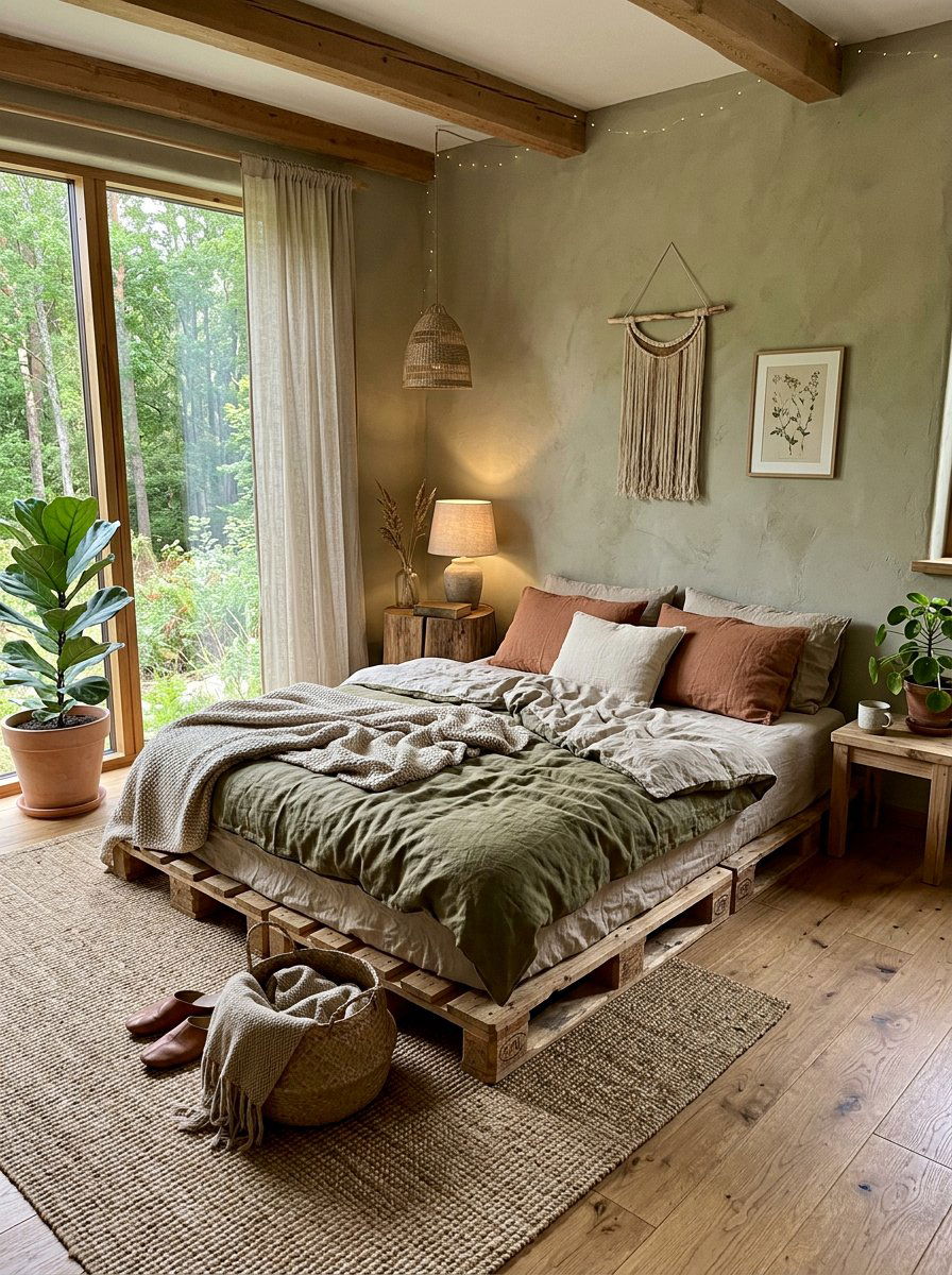 Natural wood pallet bed room - 25 Queen size pallet bed ideas