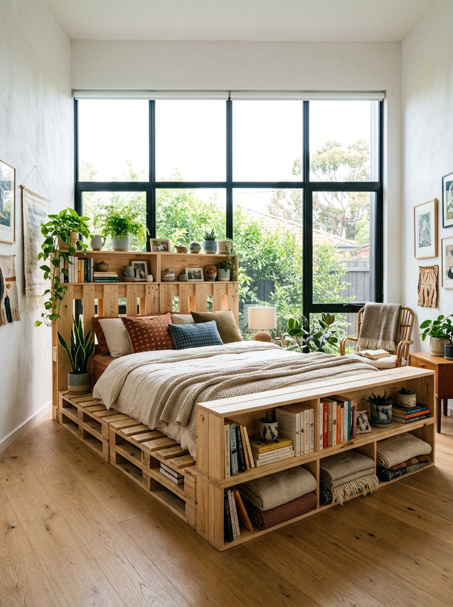 Open shelf pallet bed - 25 Pallet bed ideas with built-in storage