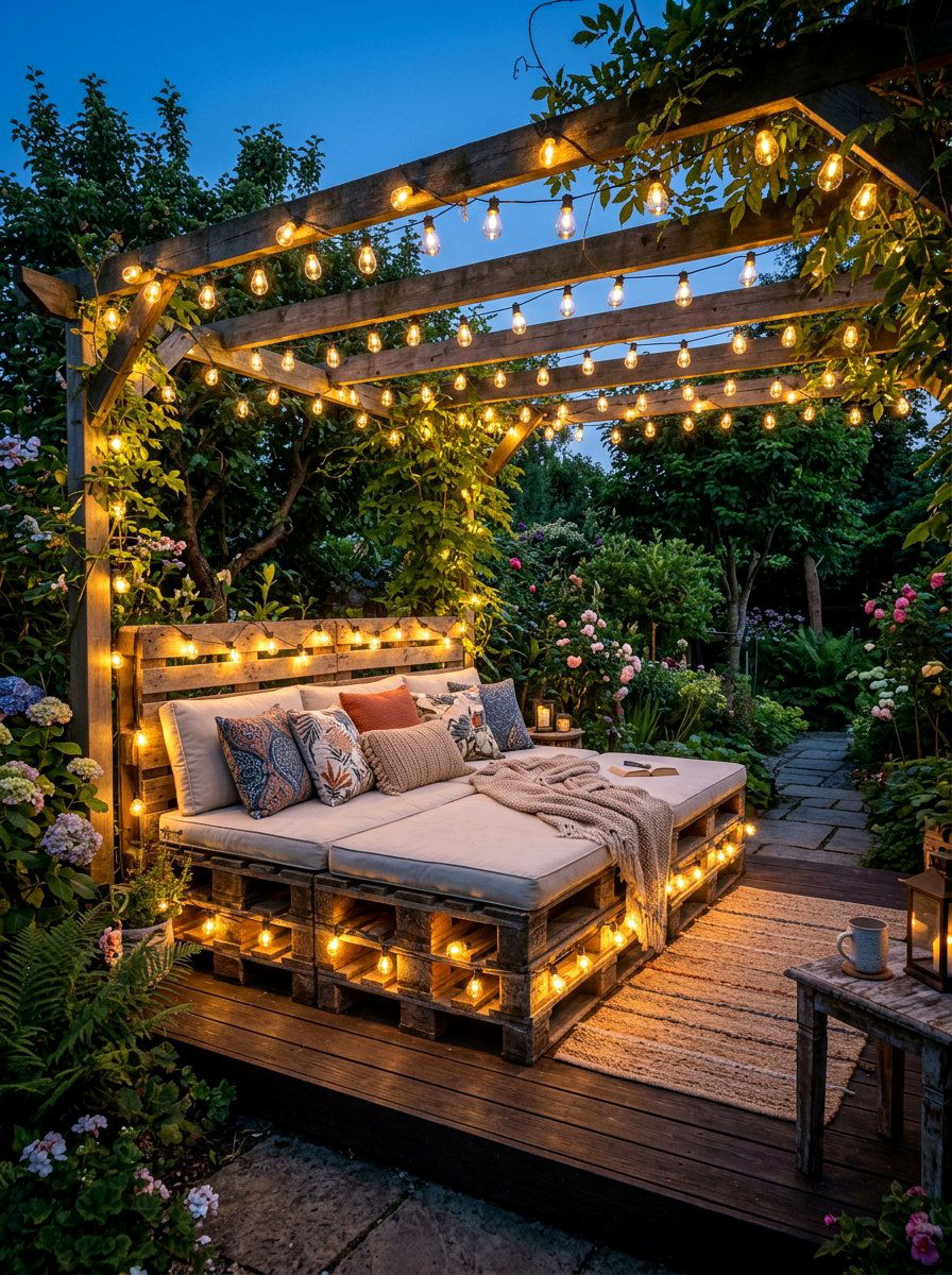 Outdoor Pallet Bed - 25 Pallet bed ideas with lights