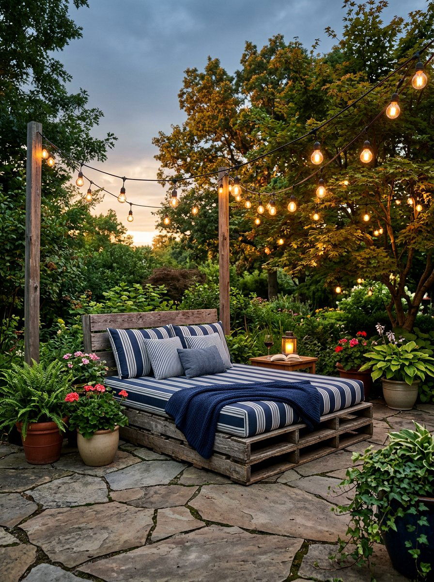 Outdoor Pallet Bed String Lights - 25 Pallet bed ideas with string lights