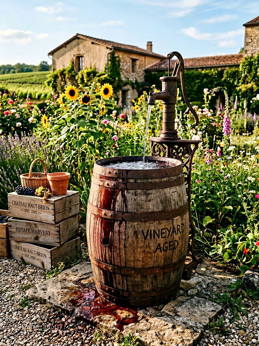 Overflowing wine barrel - 25 backyard fountain ideas