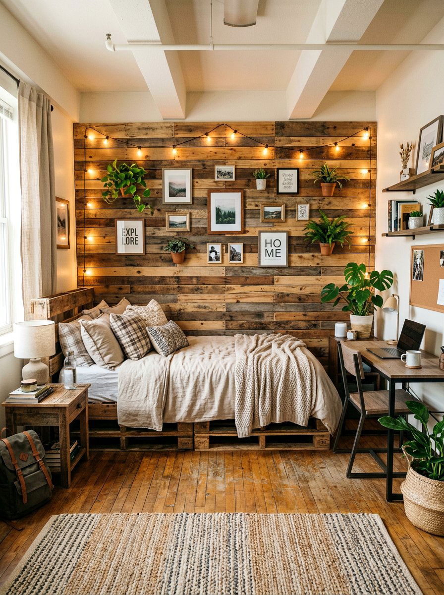 PALLET BED ACCENT WALL DORM - 25 Pallet bed ideas for college dorm