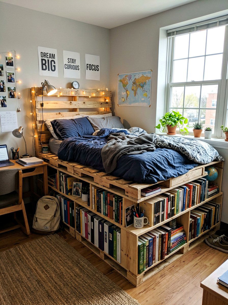 PALLET BED AND BOOKSHELF DORM - 25 Pallet bed ideas for college dorm