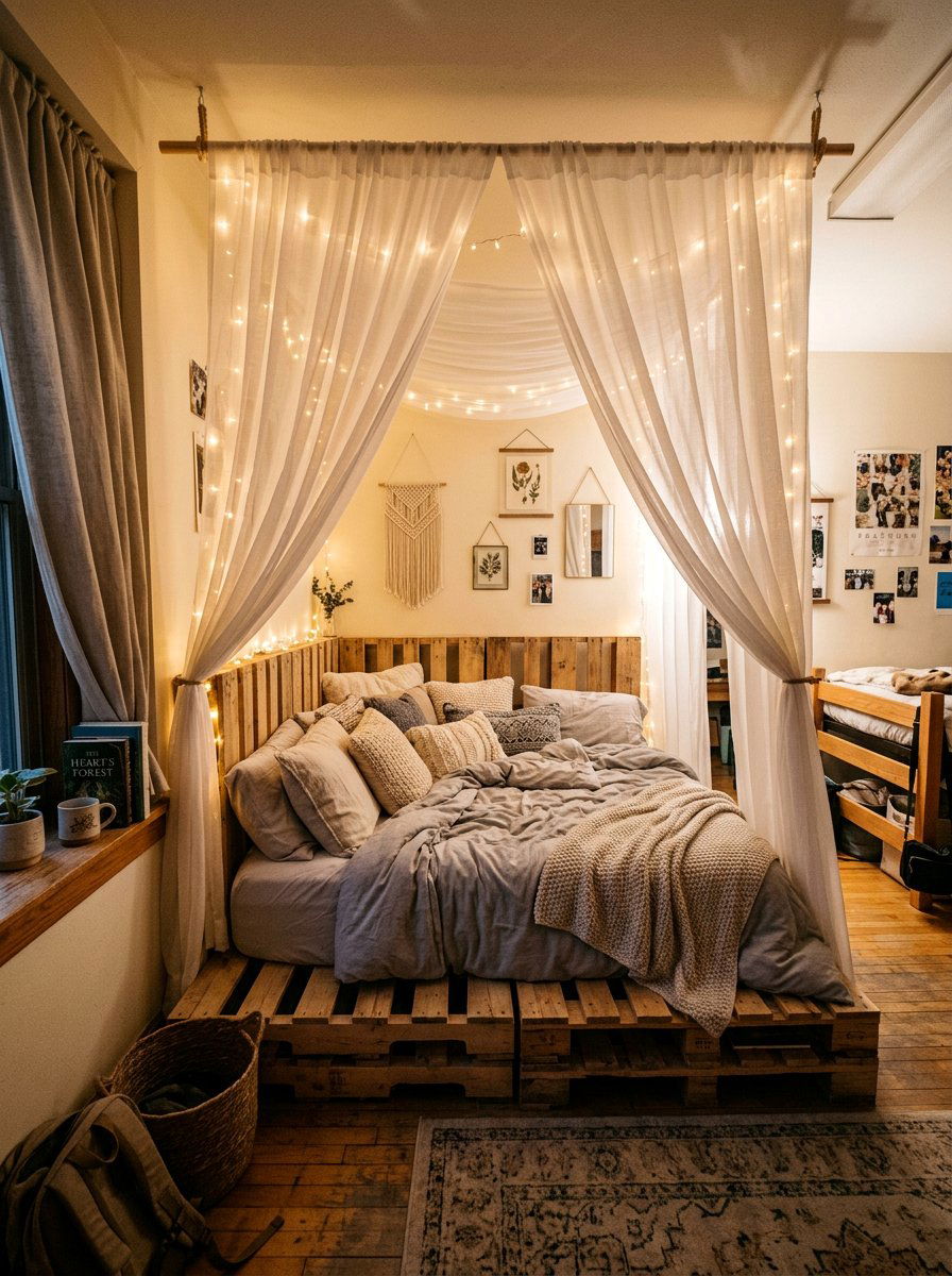 PALLET BED CURTAINS - 25 Pallet bed ideas for college dorm