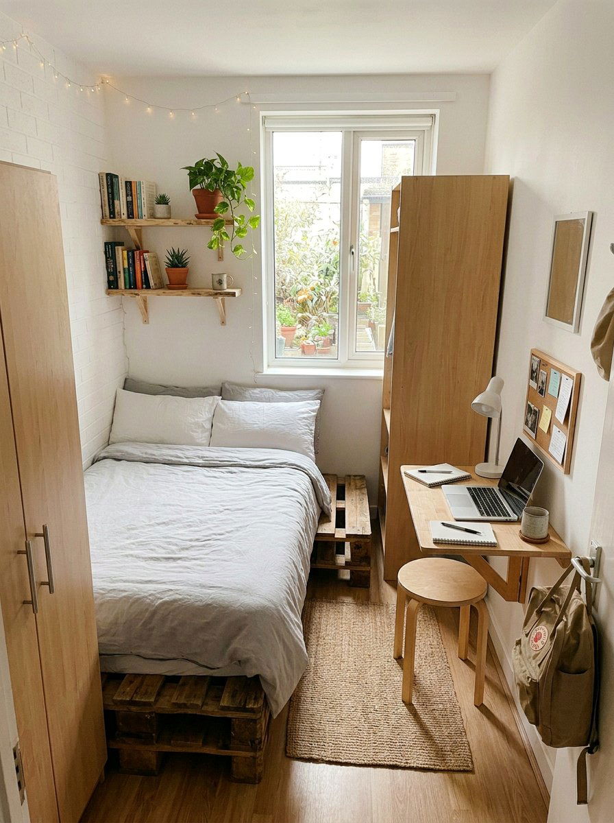 PALLET BED IN SMALL DORM - 25 Pallet bed ideas for college dorm