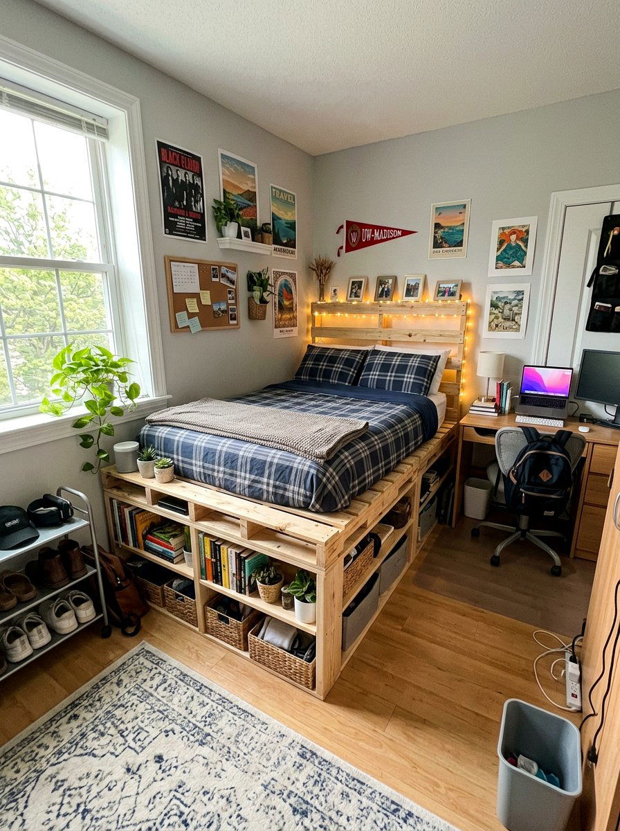 PALLET BED WITH SHELVES DORM - 25 Pallet bed ideas for college dorm