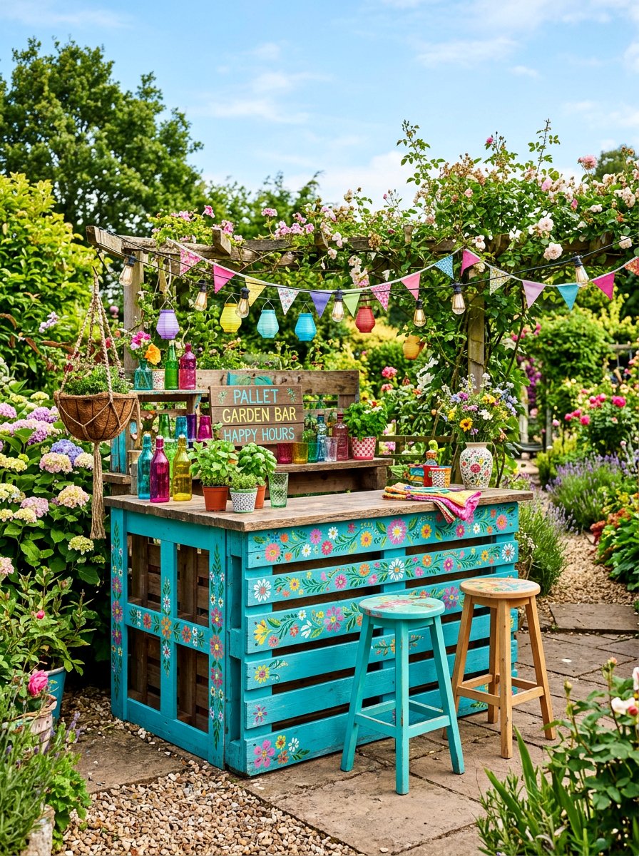 Painted Pallet Bar - 25 Pallet Outdoor Bar Ideas