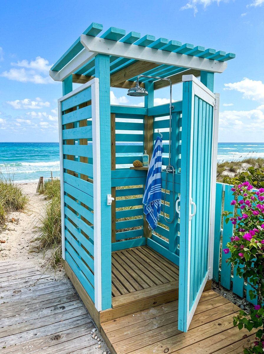 Painted Pallet Shower - 25 Pallet Outdoor Shower Ideas