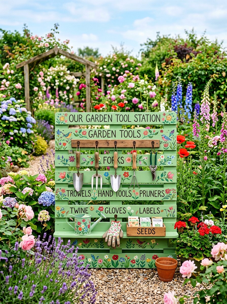 Painted Pallet Tool Display - 25 Pallet Garden Tool Organizer Ideas