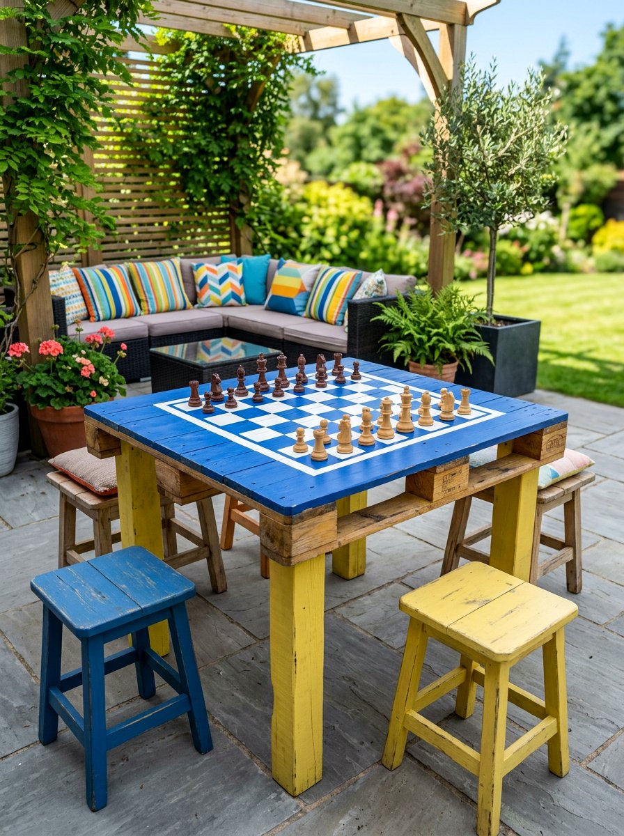 Painted Pattern Pallet Board Game Table - 25 Pallet Outdoor Chess Table Ideas