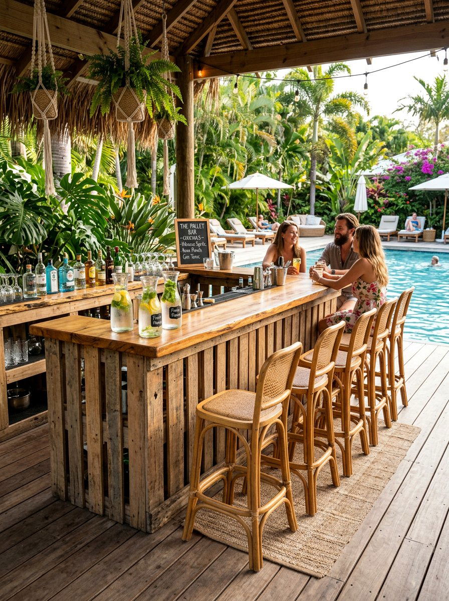 Pallet Bar With Seating - 25 Pallet Outdoor Kitchen Island Ideas