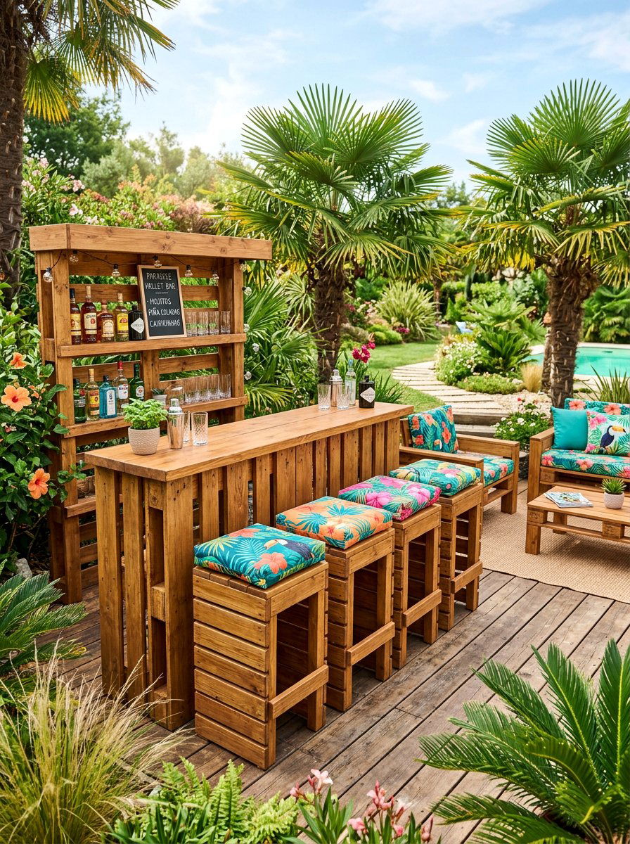 Pallet Bar With Stools - 25 Pallet Tiki Bar Ideas