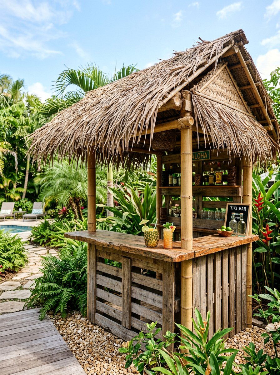 Pallet Bar With Thatched Roof - 25 Pallet Tiki Bar Ideas