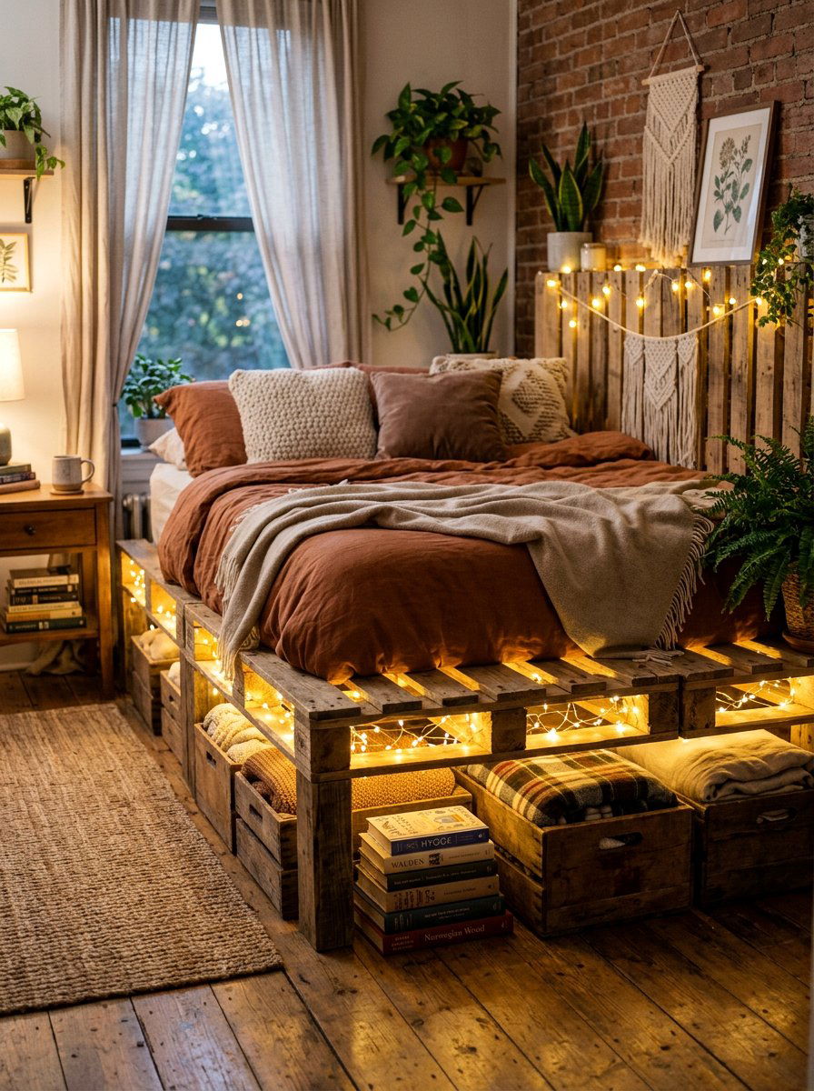 Pallet Bed Lighting Crates - 25 Pallet bed ideas with crate storage