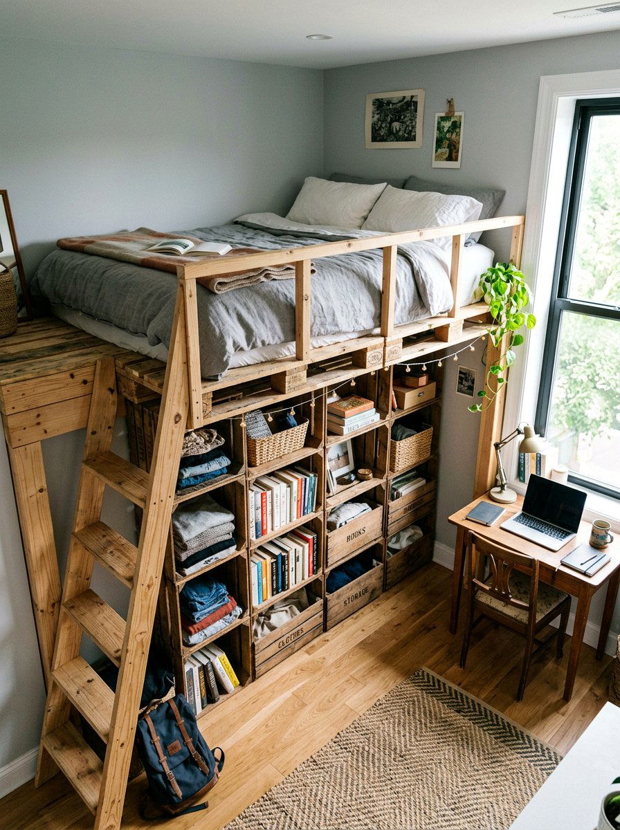 Pallet Bed Loft Storage - 25 Pallet bed ideas with crate storage