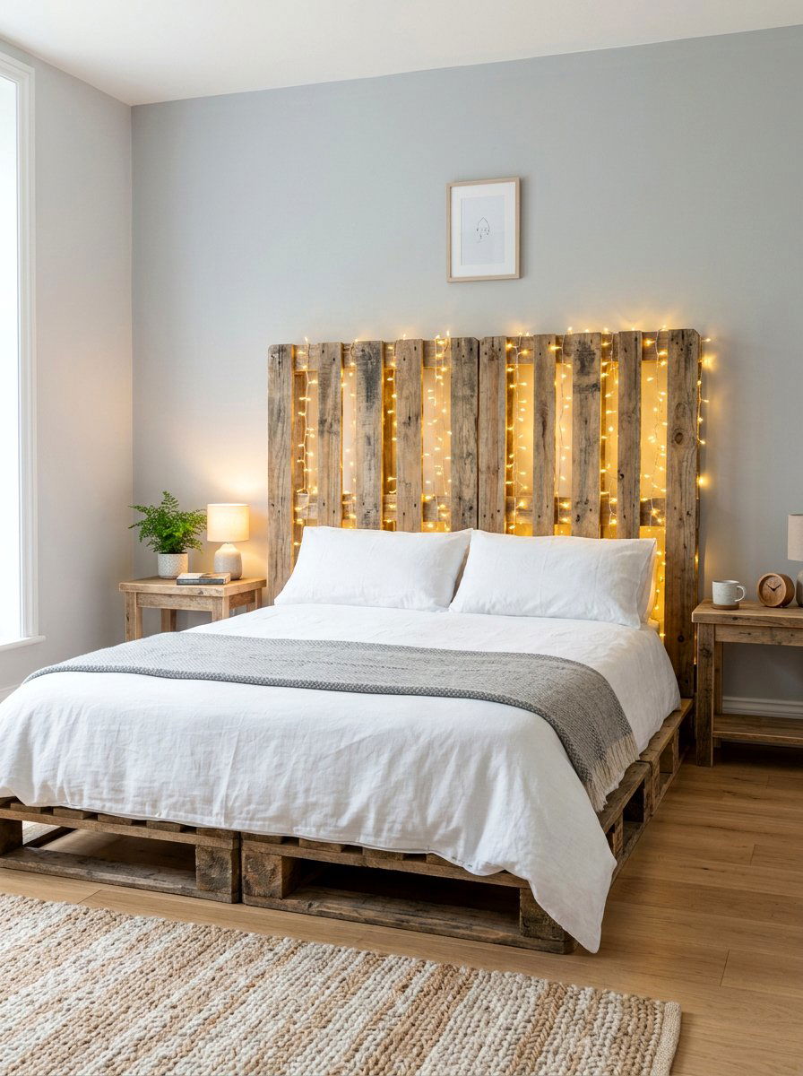 Pallet Bed String Light Headboard - 25 Pallet bed ideas with string lights