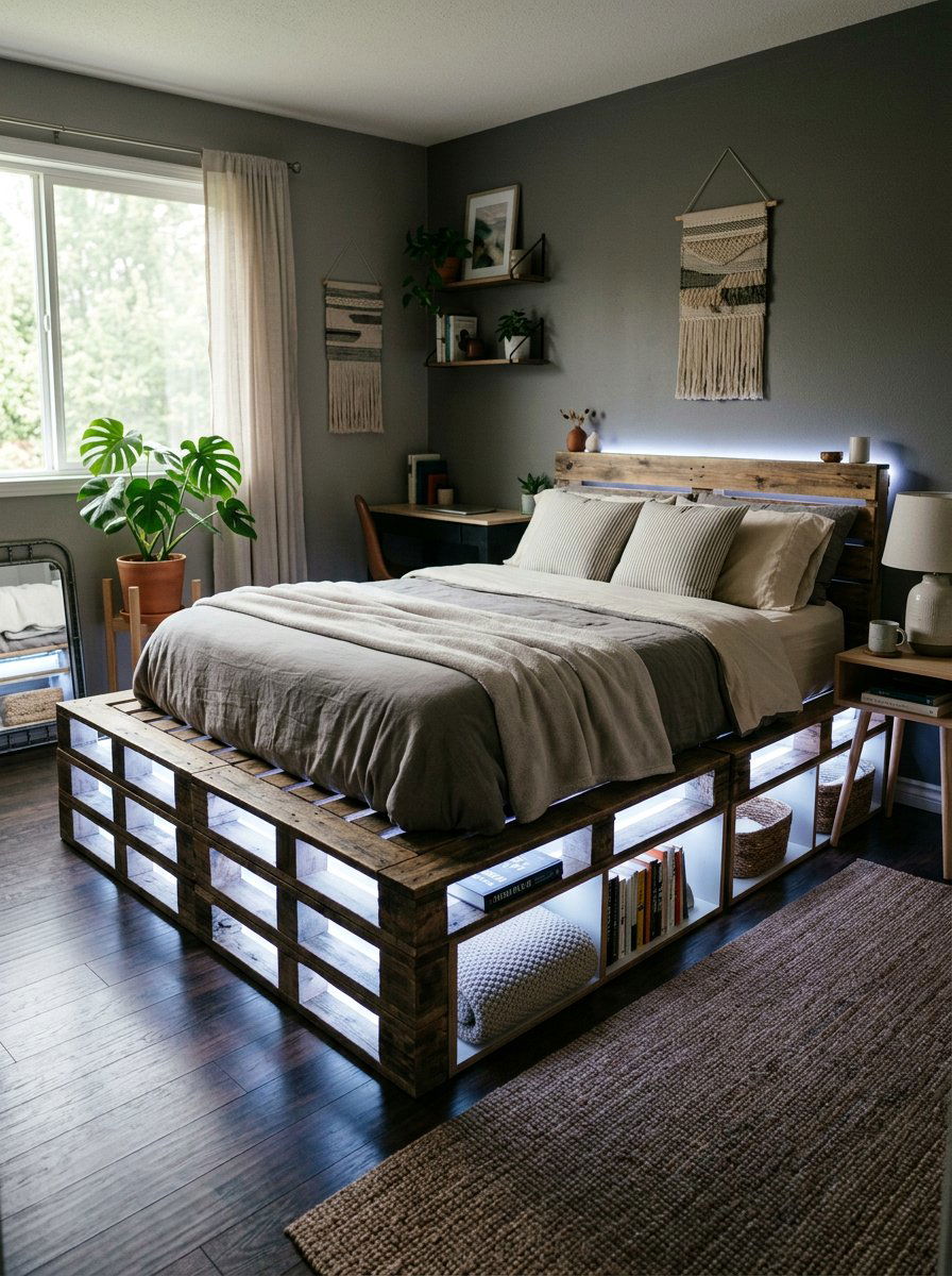 Pallet Bed With Lights - 25 Pallet bed ideas with storage