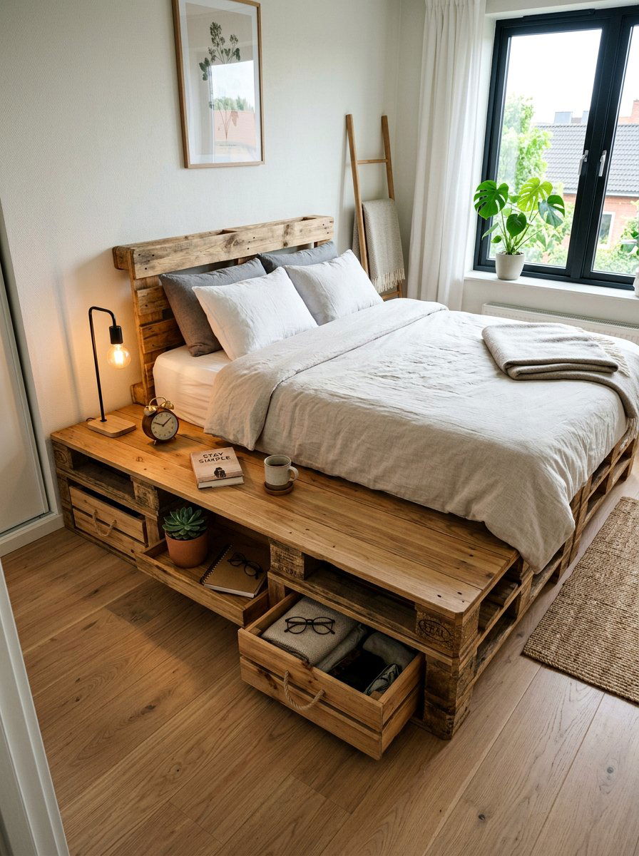 Pallet Bed with Side Storage - 25 Pallet bed ideas with crate storage