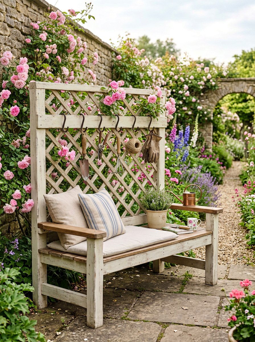 Pallet Bench With Lattice Back - 25 Pallet Potting Bench Ideas