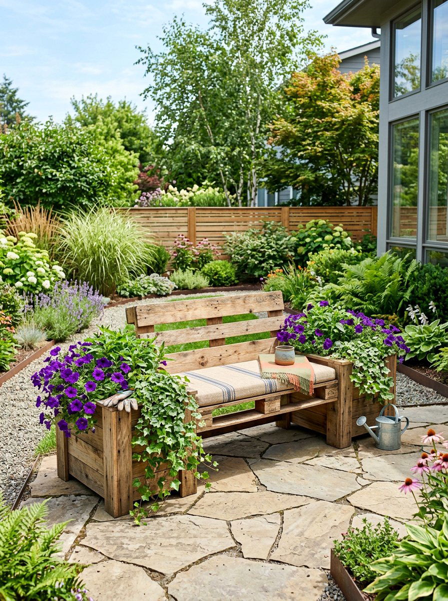 Pallet Bench With Planters - 25 Pallet Bench for Garden Ideas
