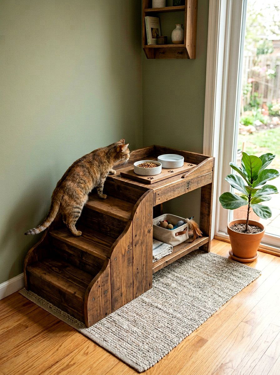 Pallet Cat Feeding Station With Steps - 25 Pallet Pet Feeding Station Ideas