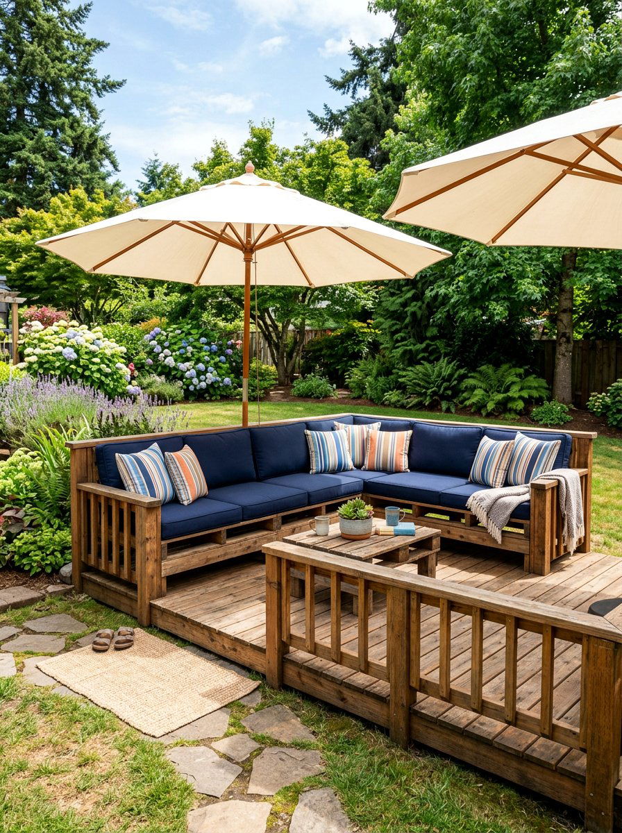 Pallet Deck With Built In Seating - 25 Pallet Pool Deck Ideas