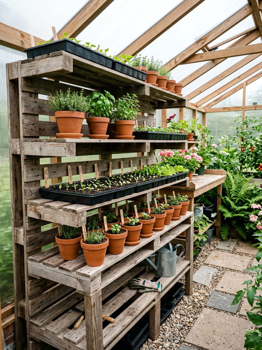 Pallet Greenhouse Shelf - 25 Pallet Greenhouse Frame Ideas