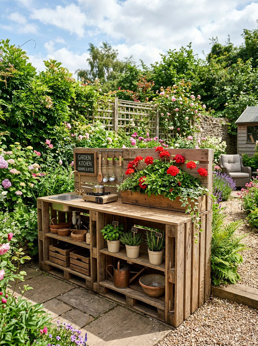 Pallet Kitchen With Flower Planter Box - 25 Pallet Outdoor Play Kitchen Ideas