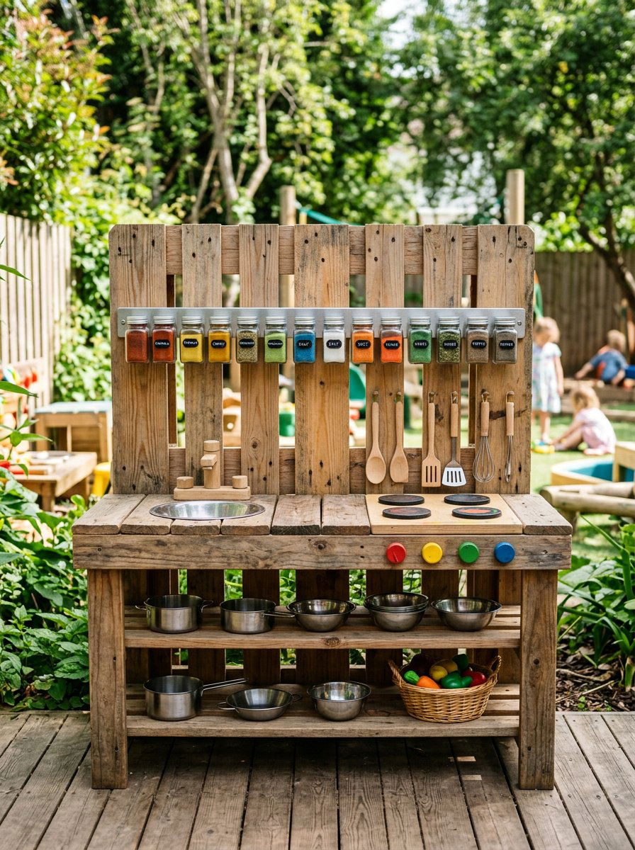 Pallet Kitchen With Magnetic Spice Jars - 25 Pallet Outdoor Play Kitchen Ideas