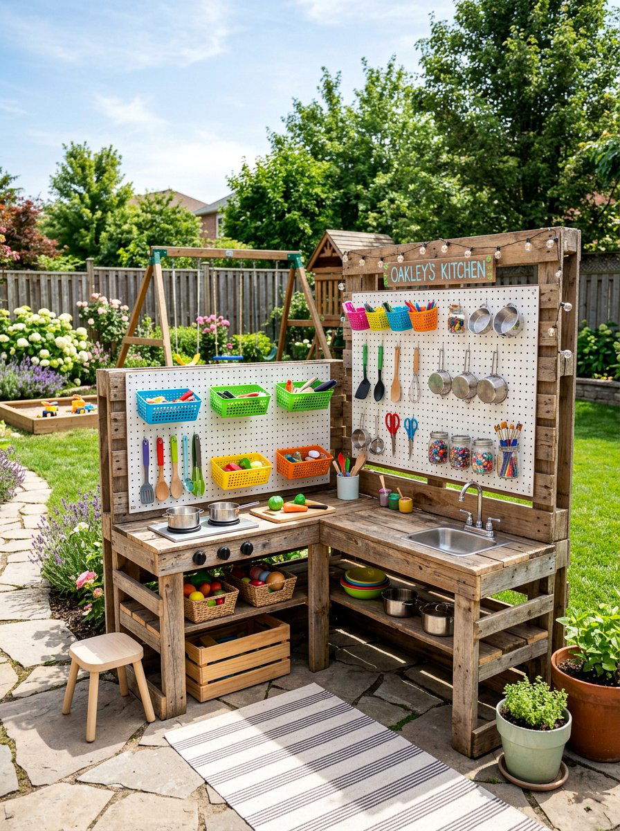 Pallet Kitchen With Pegboard Organization - 25 Pallet Outdoor Play Kitchen Ideas
