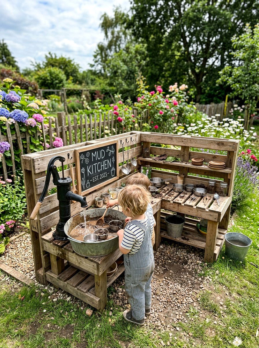 Pallet Kitchen With Water Pump - 25 Pallet Mud Kitchen for Kids Ideas