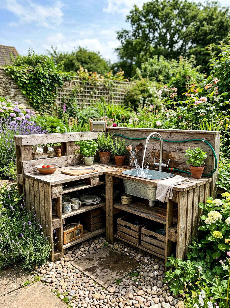 Pallet Kitchen With Working Faucet - 25 Pallet Outdoor Play Kitchen Ideas