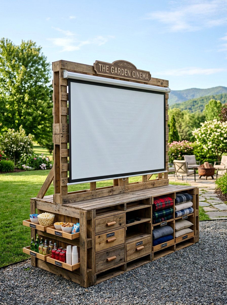 Pallet Movie Screen Stand With Storage - 25 Pallet Outdoor Movie Screen Ideas