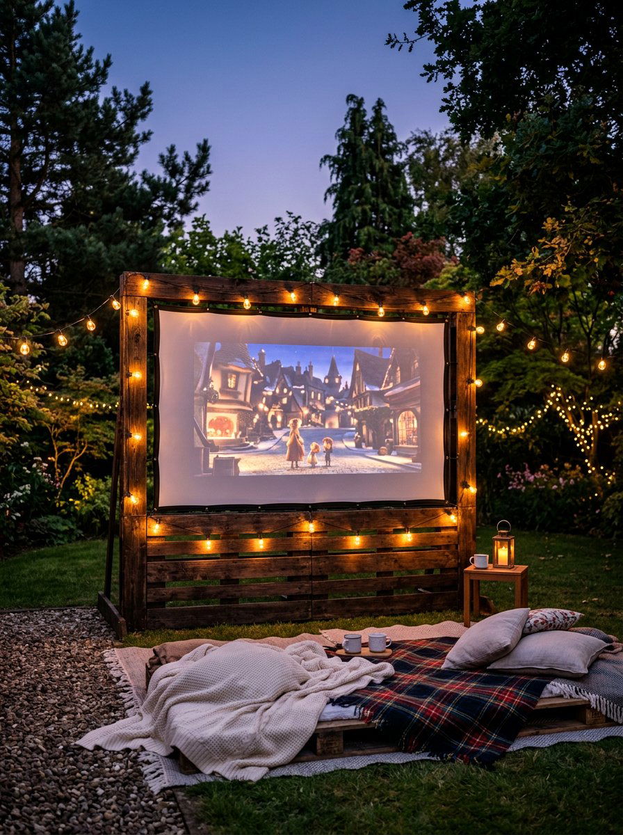 Pallet Movie Screen With String Lights - 25 Pallet Outdoor Movie Screen Ideas
