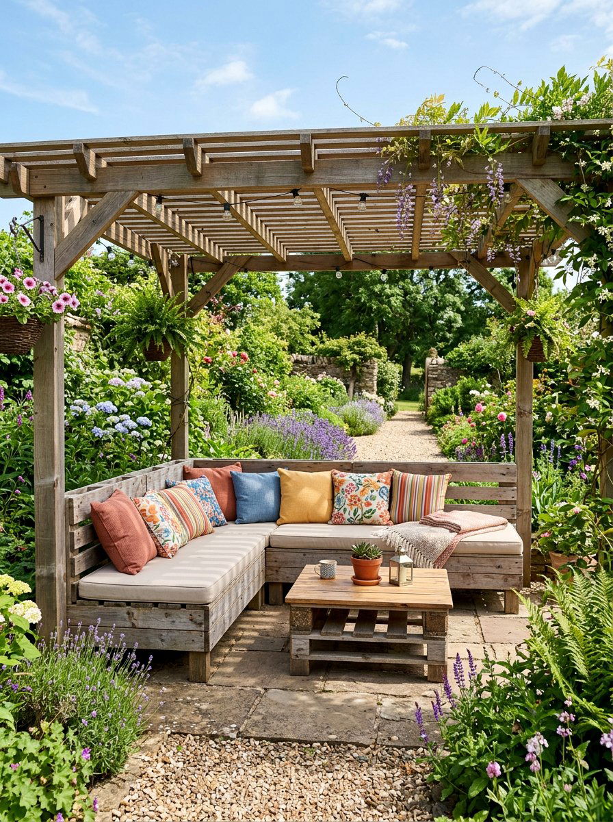 Pallet Pergola With Bench - 25 Pallet Pergola Ideas