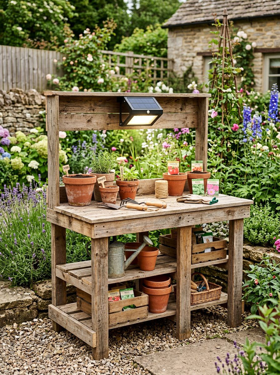 Pallet Potting Bench Light - 25 Pallet Solar Light Holder Ideas