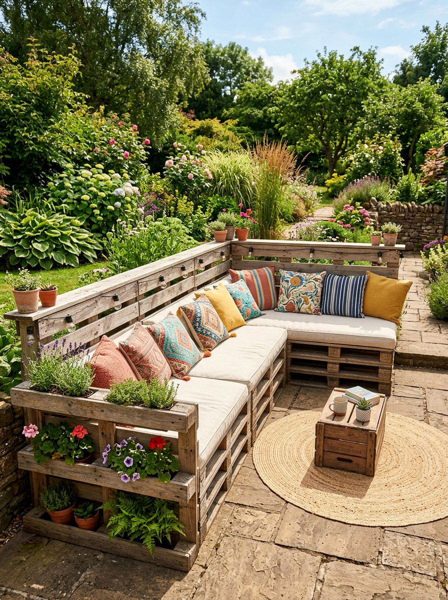 Pallet Railing Seating Area - 25 Pallet Deck Railing Ideas
