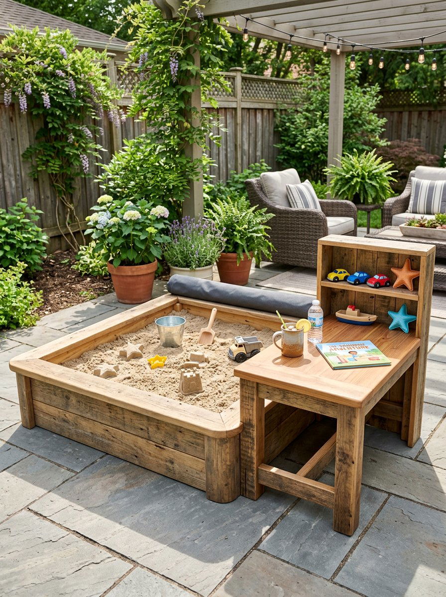 Pallet Sandbox With Side Table - 25 Pallet Sandbox for Kids Ideas