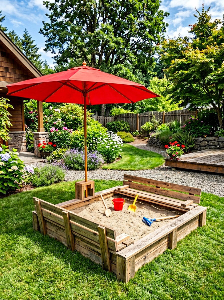 Pallet Sandbox With Umbrella - 25 Pallet Sandbox for Kids Ideas