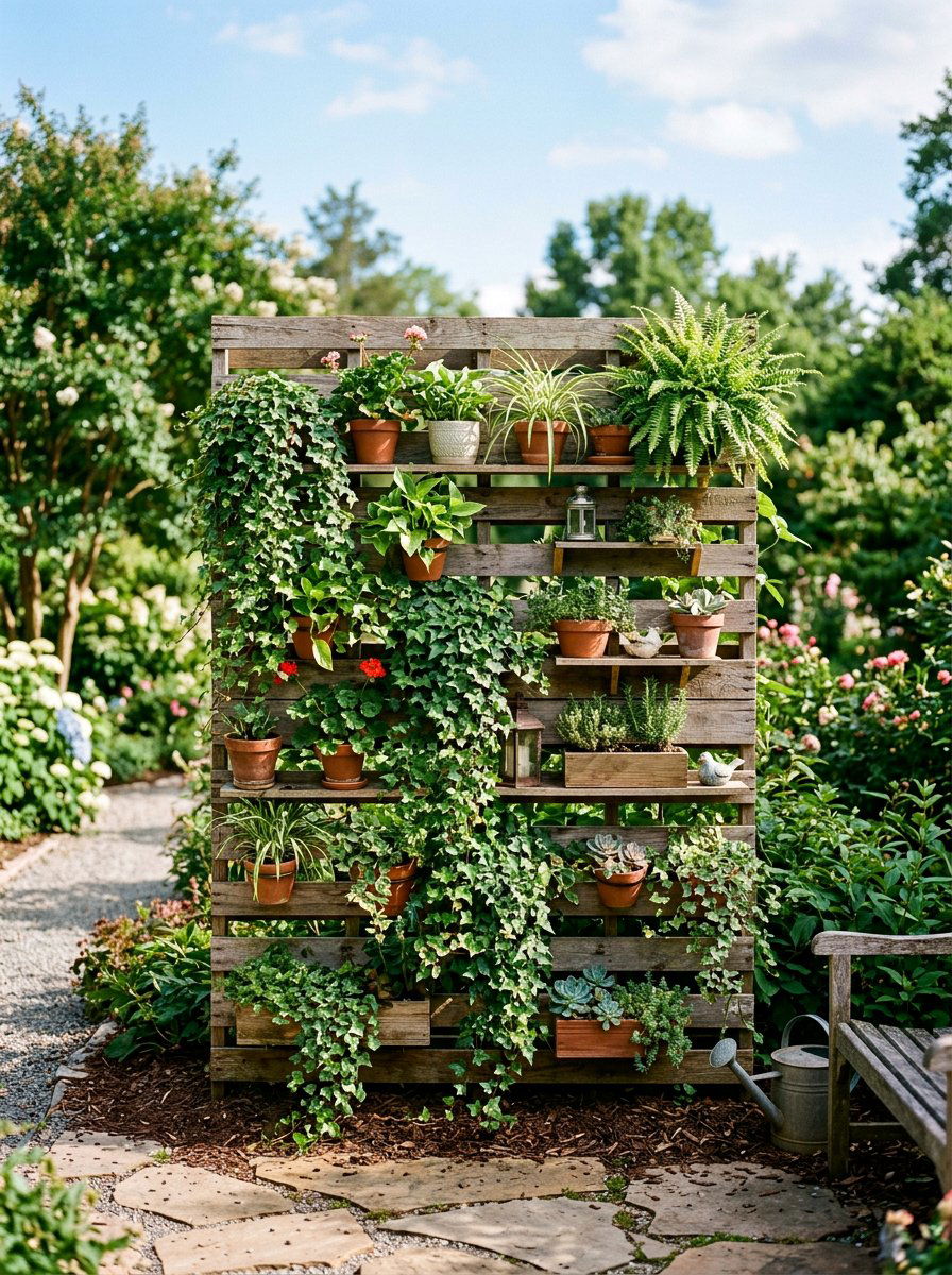 Pallet Screen With Plants - 25 Pallet Hot Tub Surround Ideas