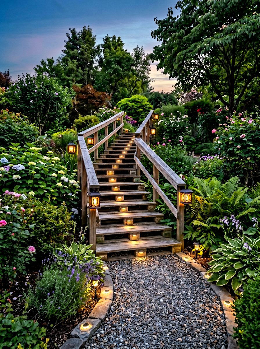Pallet Staircase With Solar Lights - 25 Pallet Staircase for Garden Ideas