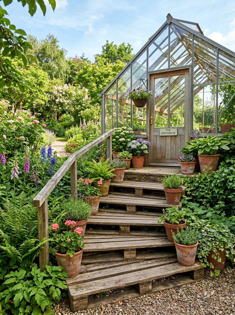 Pallet Stairs Leading To Greenhouse - 25 Pallet Staircase for Garden Ideas